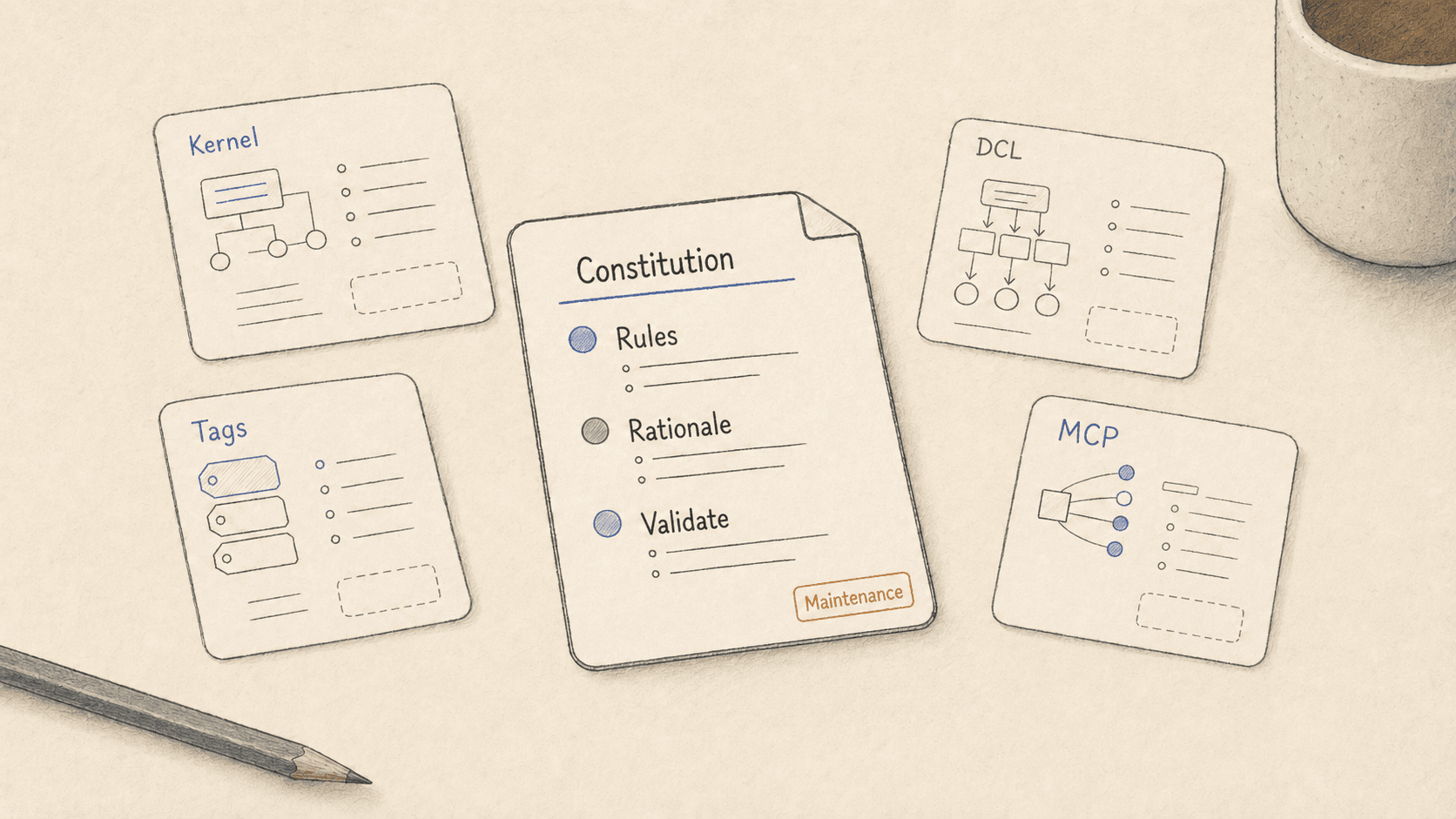 Schéma montrant des prototypes Kernel, DCL, Tags et MCP autour d'une carte Constitution centrale avec les sections Rules, Rationale et Validate, marquée par un tampon Maintenance.